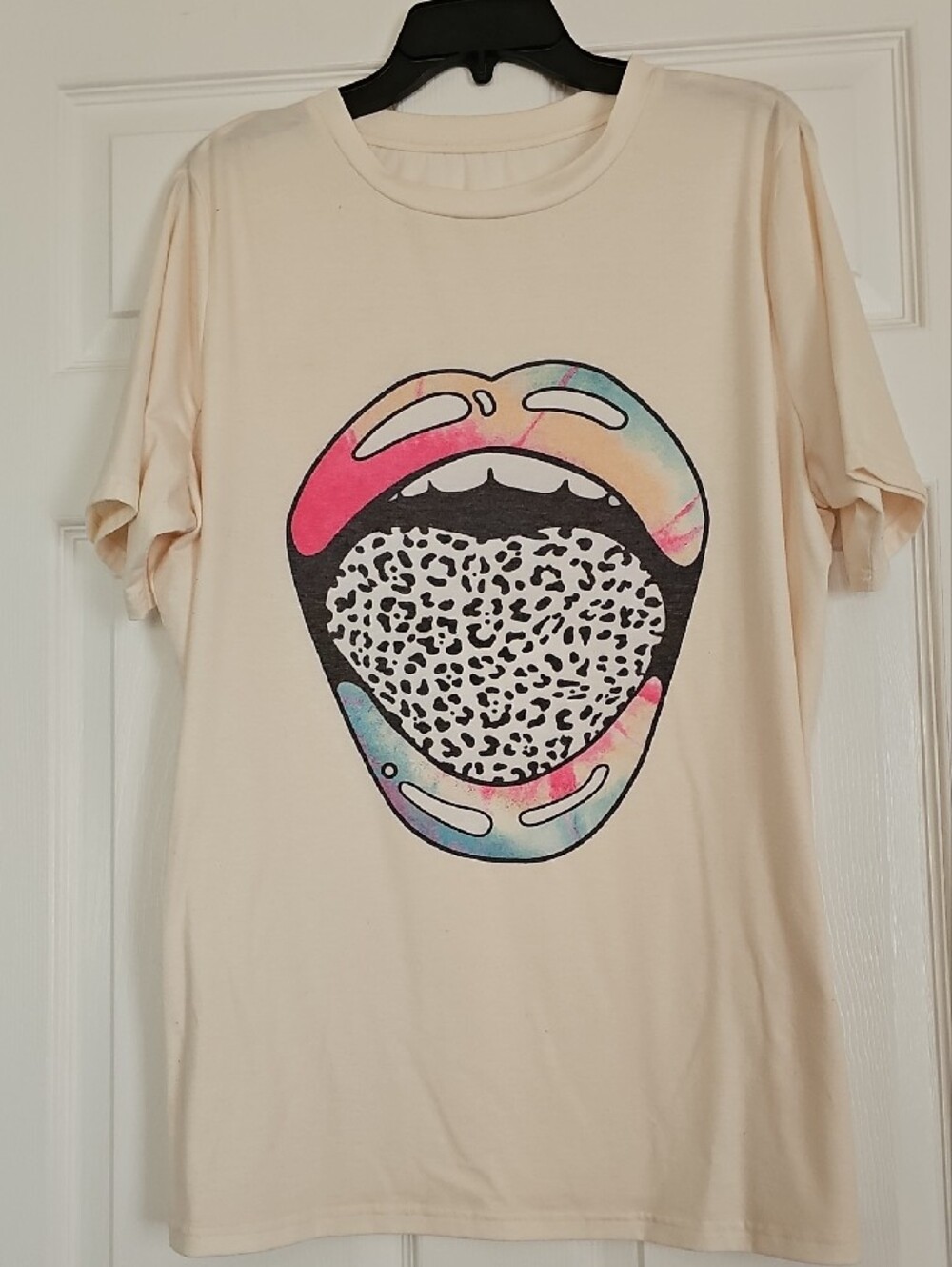 Cream Graphic Tee With Lips And Tongue In Colorful Tye Dye And Animal Print
